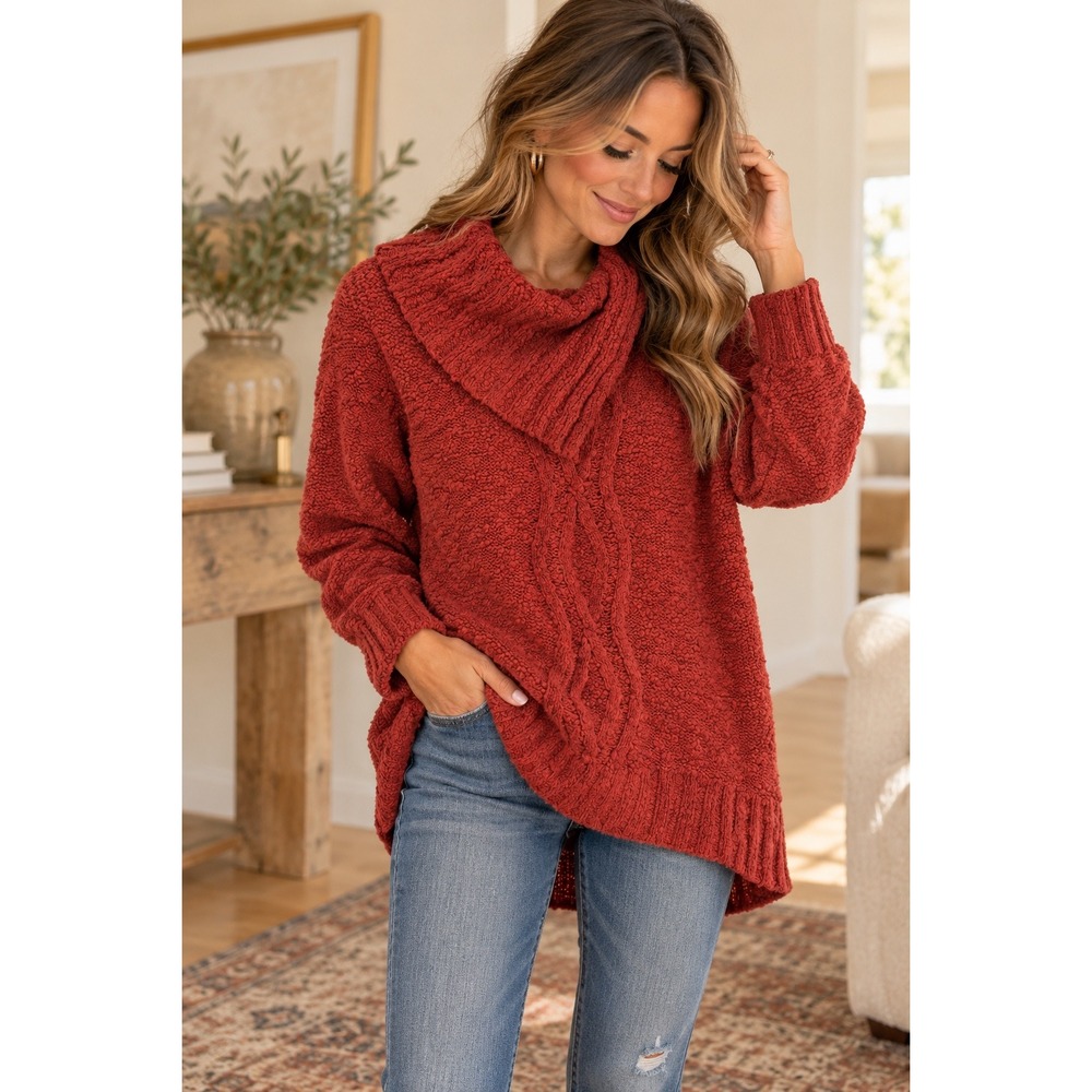 Moth Anthropologie Womens Rust Red Cowl Neck Cable Knit Button Sweater Small
